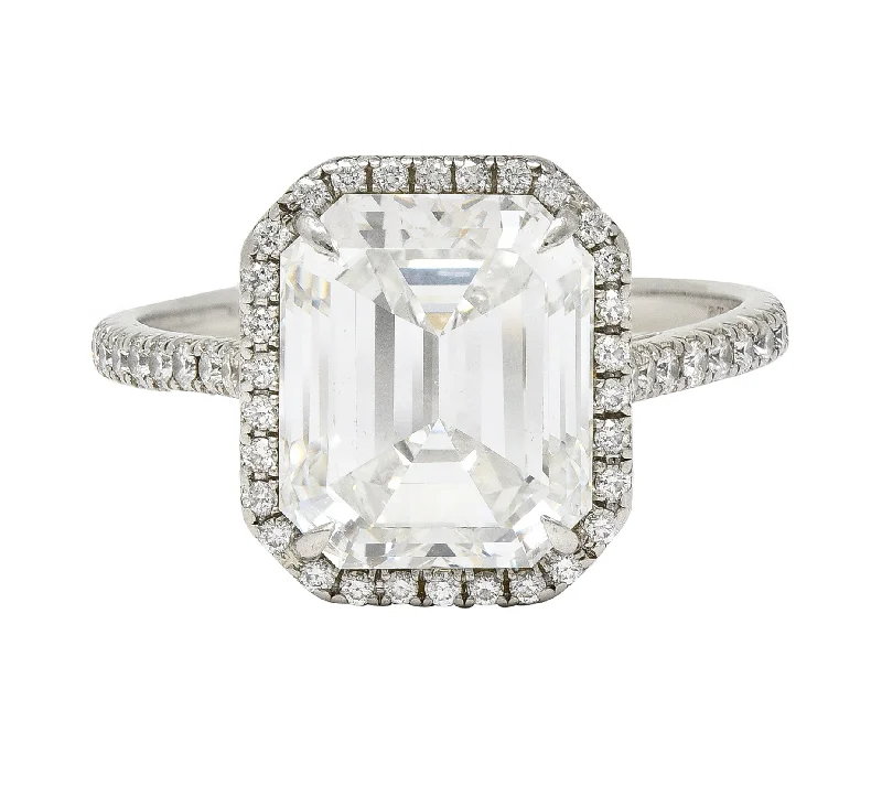 Women’s wedding and engagement rings-Tiffany & Co. 5.35 CTW Emerald Cut Diamond Platinum Soleste Halo Engagement Ring