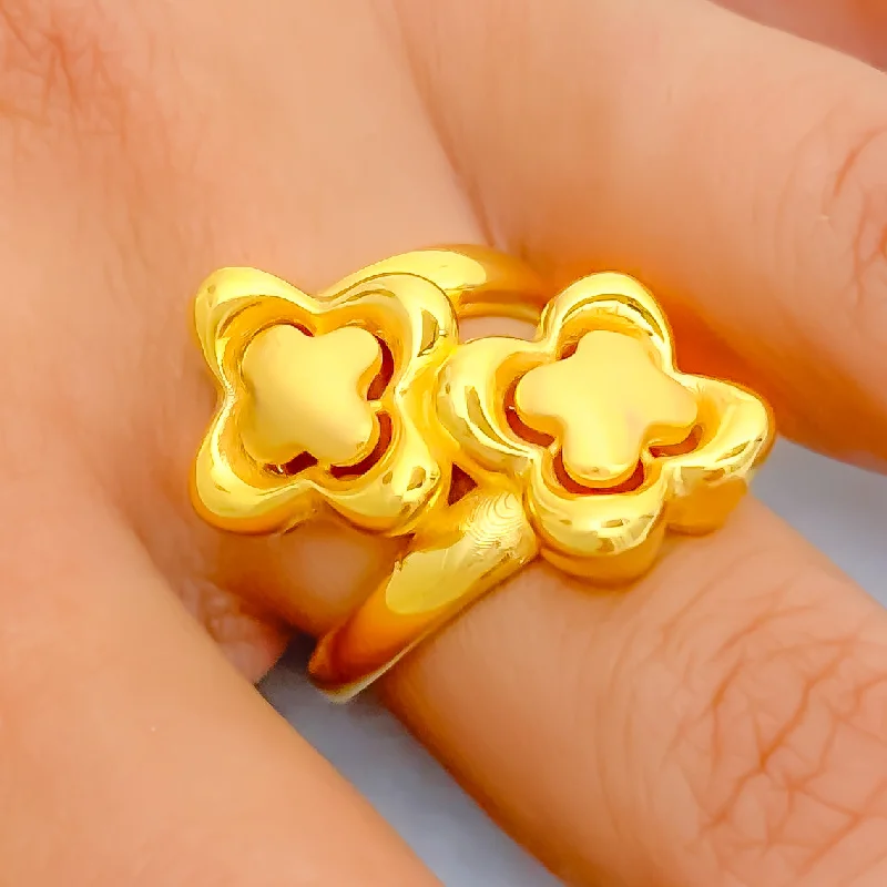 Women’s princess cut rings-Curved Twin Flower 22k Gold Tier Ring