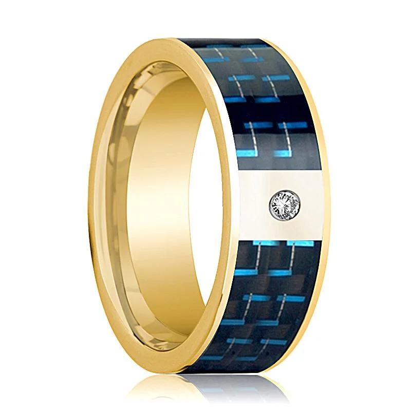 Women’s solitaire engagement rings-Black and Blue Carbon Fiber Inlaid Men's 14k Gold Wedding Band with Diamond in Center - 8MM