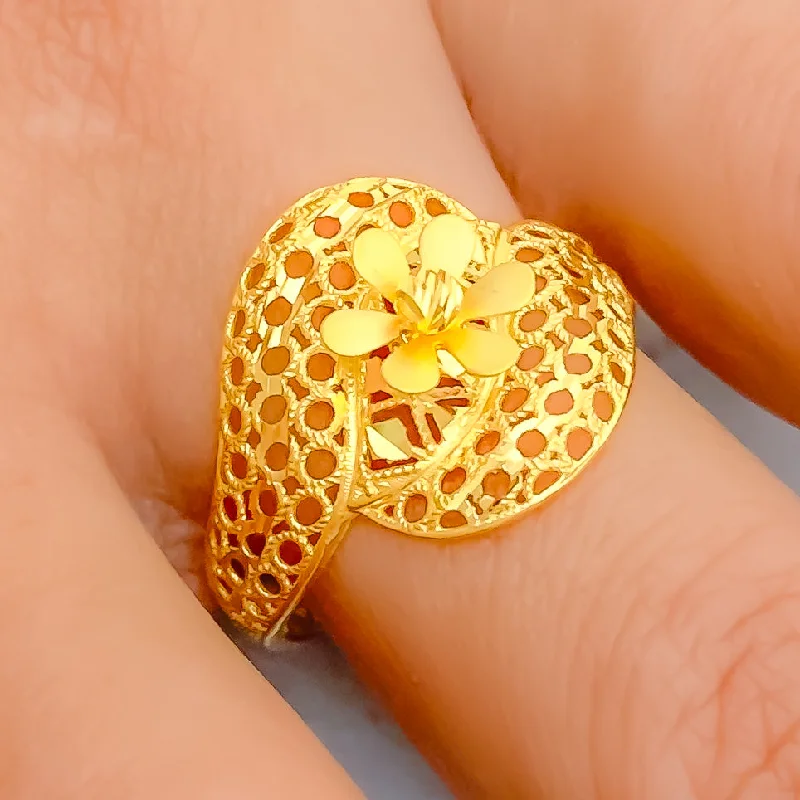 Women’s small delicate rings-Elevated Overlapping Flower 22k Gold Ring