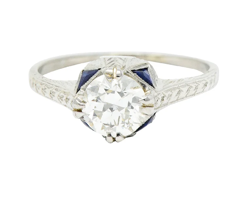 Women’s classic solitaire engagement rings-Art Deco 0.75 CTW Diamond Sapphire 18 White Gold Engagement Ring