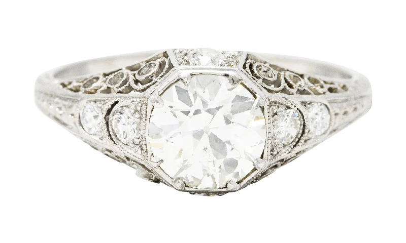 Women’s gold engagement rings-Early Art Deco 1.92 CTW Diamond Platinum Scrolled Filigree Engagement Ring