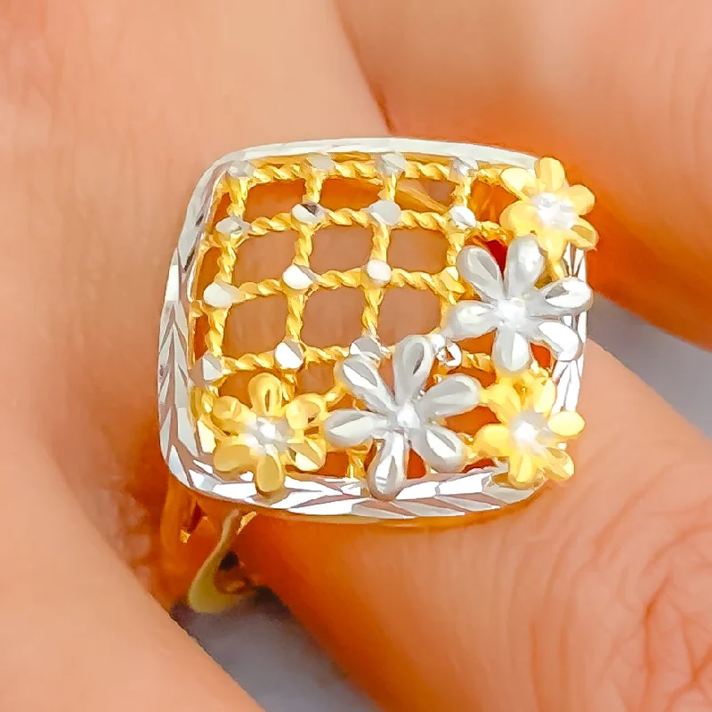 Women’s moissanite rings-Netted Two-Tone Floral 22k Gold Ring