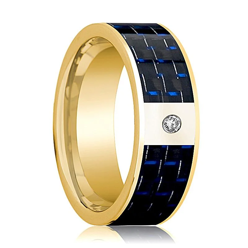 Women’s gold engagement rings-Men's 14k Yellow Gold & Diamond Wedding Band with Blue and Black Carbon Fiber Inlay Flat Polished Design - 8MM