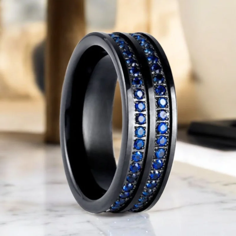 Women’s solitaire engagement rings-AZURON | Black Tungsten Ring, Double Row Diamond Stimulated Blue CZ Eternity