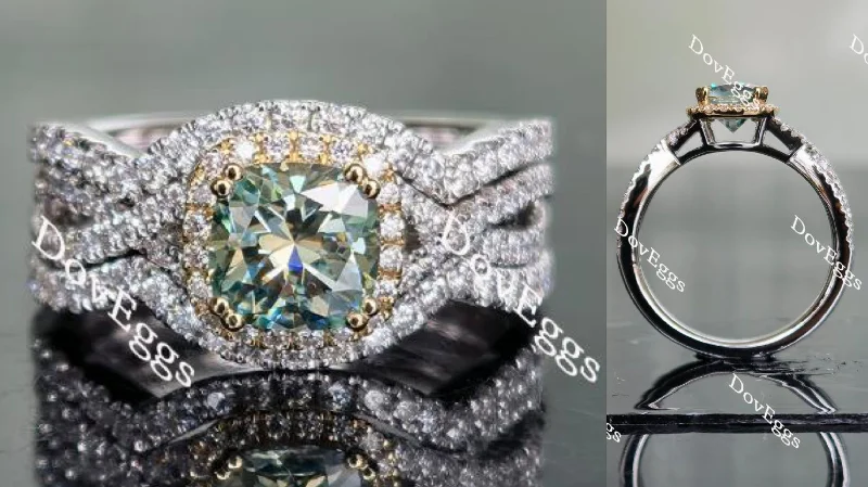 Women’s cushion-cut engagement rings-Doveggs peacock blue cushion cris cross band halo moissanite ring (engagement ring only)