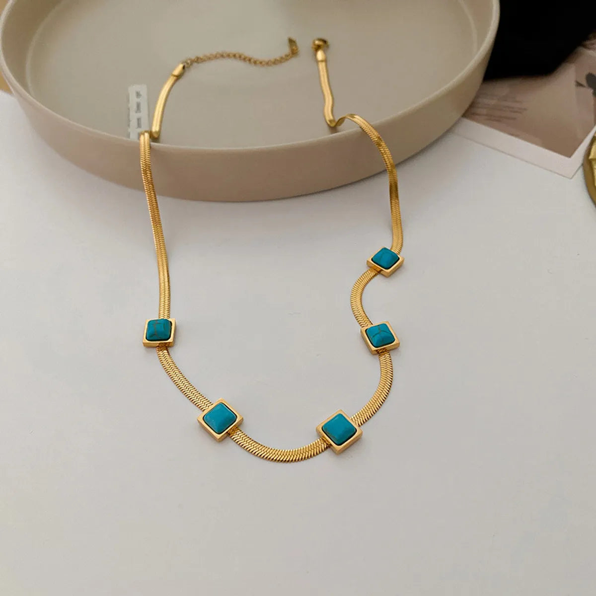 Women’s vintage-inspired bangles-Vintage Style Square Titanium Steel Plating Inlay Turquoise 18k Gold Plated Bracelets Necklace