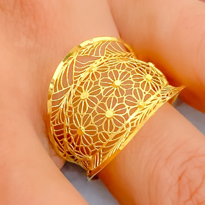 Women’s custom diamond rings-Ornate Filigree 21k Gold Artistic Ring