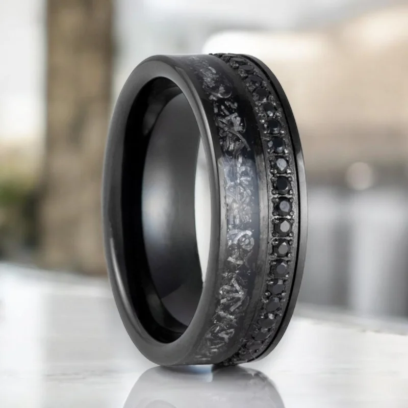 Women’s platinum engagement rings-TITANOIR | Black Tungsten Ring, Black Diamond Stimulated CZ, Titanium Shavings Inlay