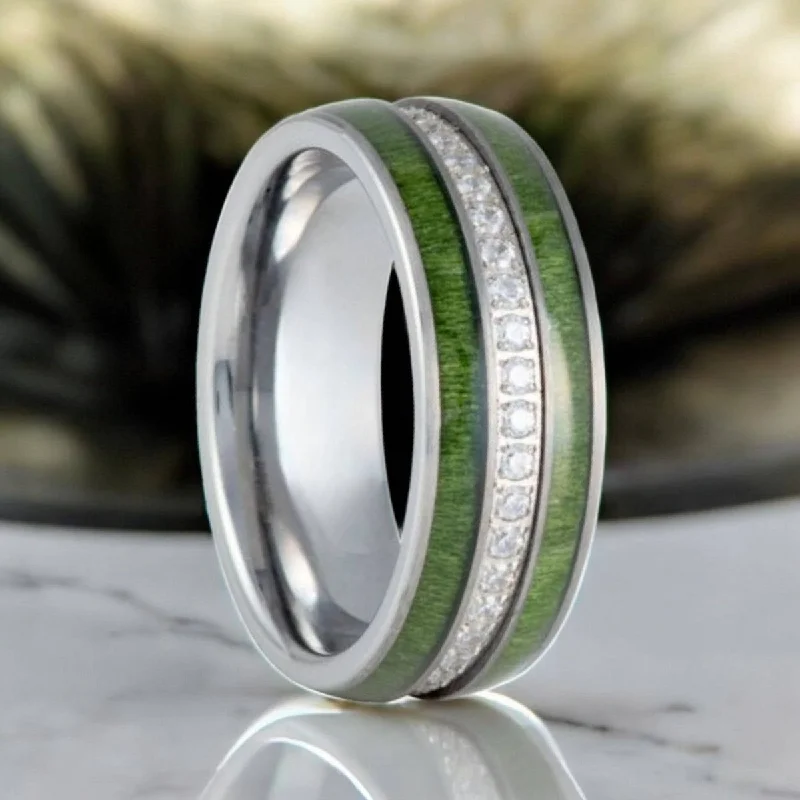 Women’s diamond engagement rings-ZENTARA | Silver Tungsten Ring, Diamond Stimulant CZ, Jade Wood Inlay