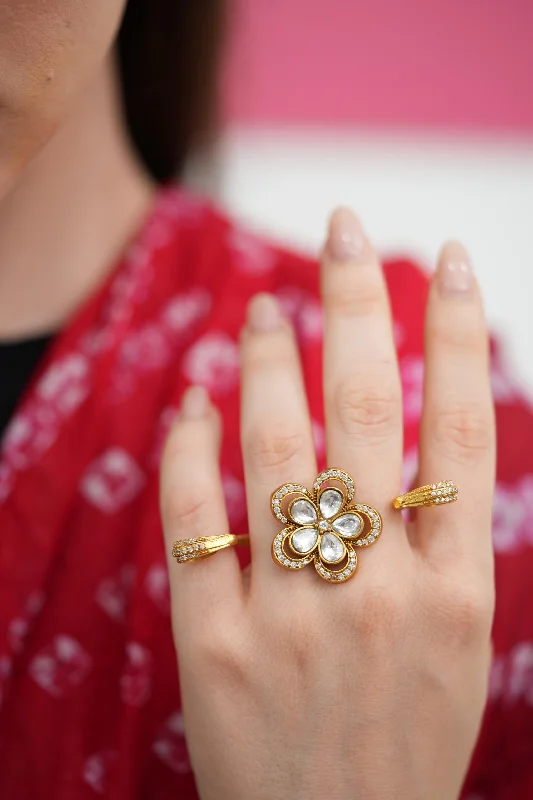 Fashion rings for women-Atika Phool Dramatic 3 Finger Polki Ring