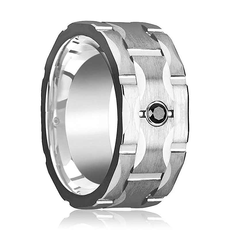 Women’s engagement rings with accents-RAMA | Tungsten Ring Grooves and Black Diamond Setting