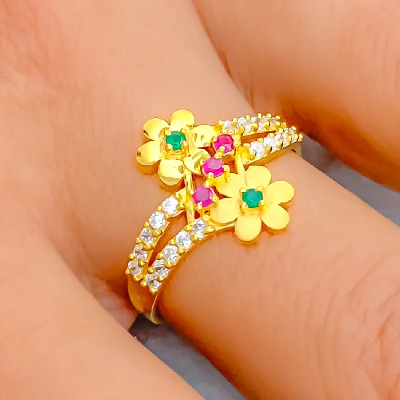 Women’s sterling silver engagement rings-Dainty Blooming Flower 22k Gold CZ Ring