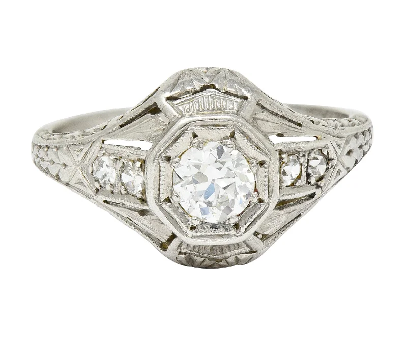 Women’s platinum and diamond engagement rings-1920's Art Deco 0.40 CTW Diamond Platinum Octagonal Starburst Engagement Ring