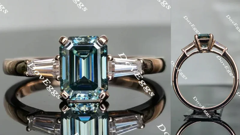 Women’s luxury engagement rings-Doveggs emerald three-stone Peacock blue moissanite engagement ring for women