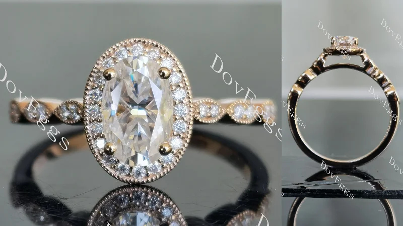 Women’s custom engagement rings-Doveggs oval art deco halo moissanite engagement ring