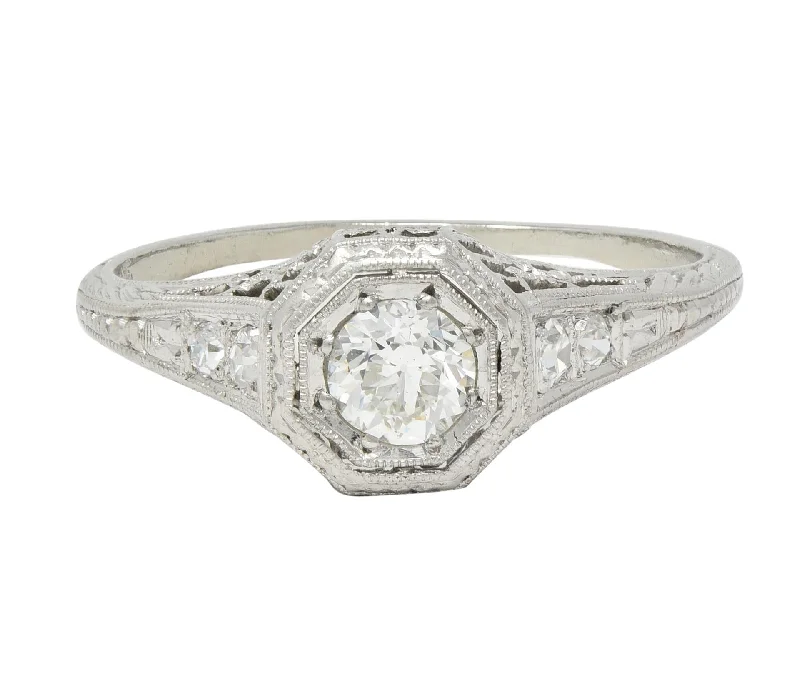 Women’s oval engagement rings-Art Deco 0.30 CTW Diamond Platinum Fleur-De-Lis Vintage Engagement Ring