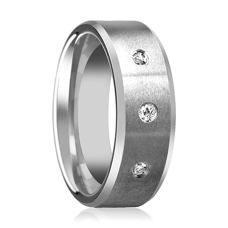 Women’s cushion-cut engagement rings-SAMUEL | Silver Tungsten Ring, 3 Diamonds, Beveled