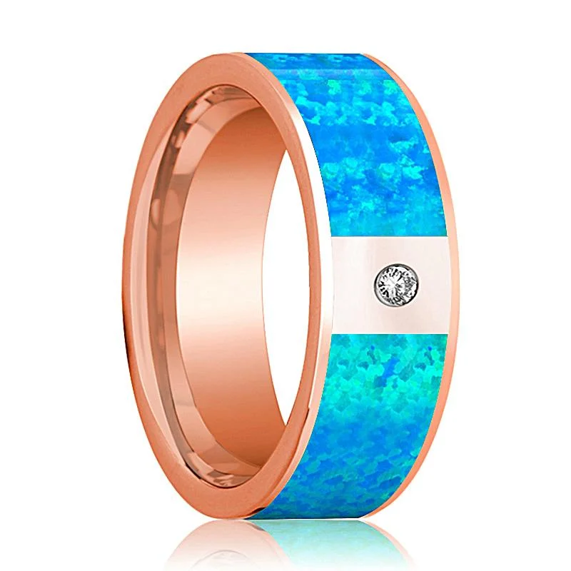 Women’s custom engagement rings-Flat Polished 14k Rose Gold Men's Wedding Band with Blue Opal Inlay and Diamond in Center - 8MM