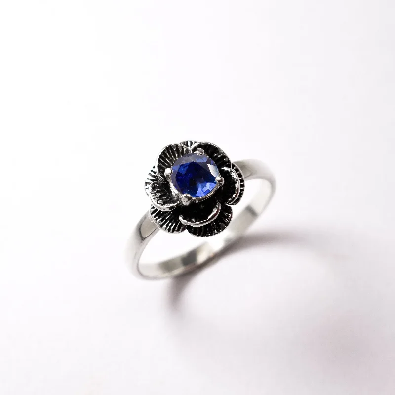 Women’s white gold rings-Rose Tanzanite Ring - Blue Solitaire Ring - Vintage Flower Ring