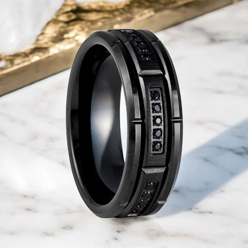 Women’s black diamond engagement rings-ARKOS | Black Tungsten Ring, Sectional Diamond Stimulate CZ