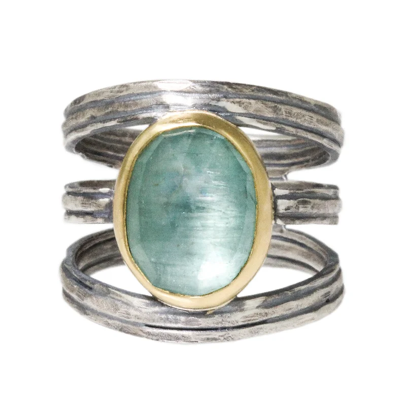 Women’s pearl rings-Split Ribbed Aqua Kyanite Ring