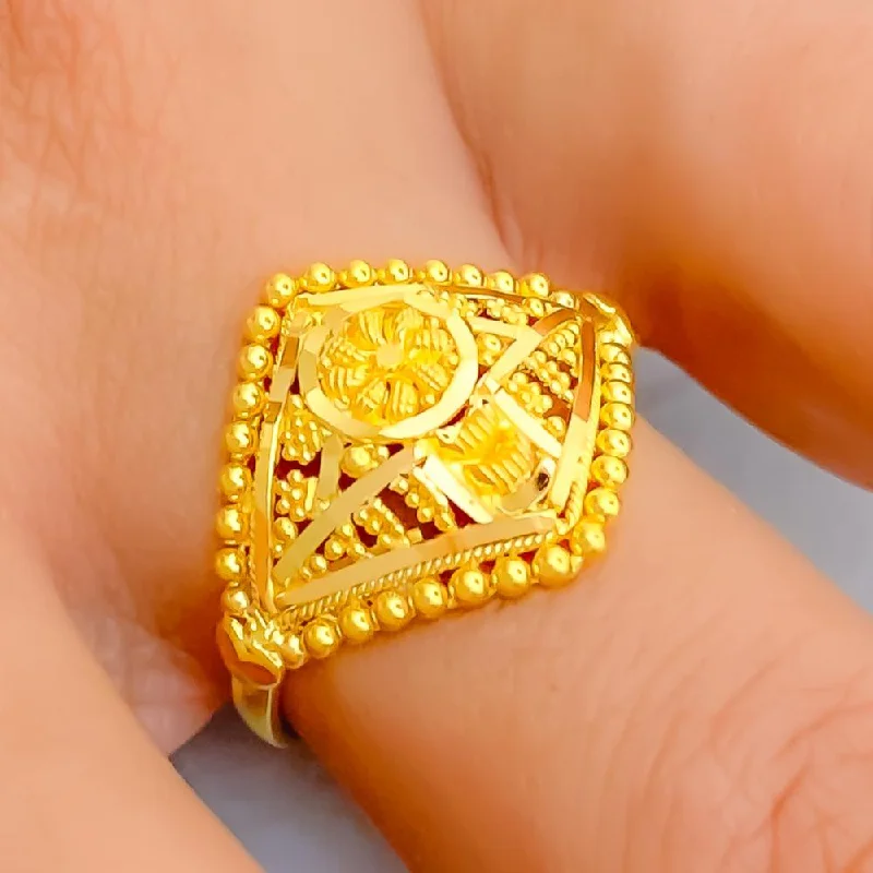 Women’s custom rings-Graceful Distinct Beaded Floral 22K Gold Ring