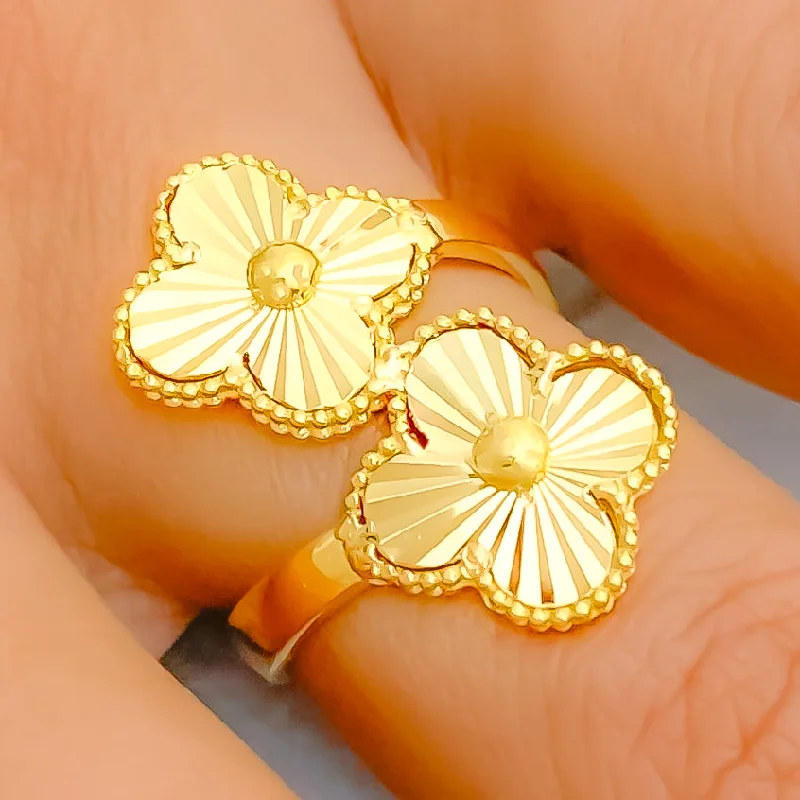 Fashion rings for women-Bright Trendy Dual Flower 21k Gold Clover Ring