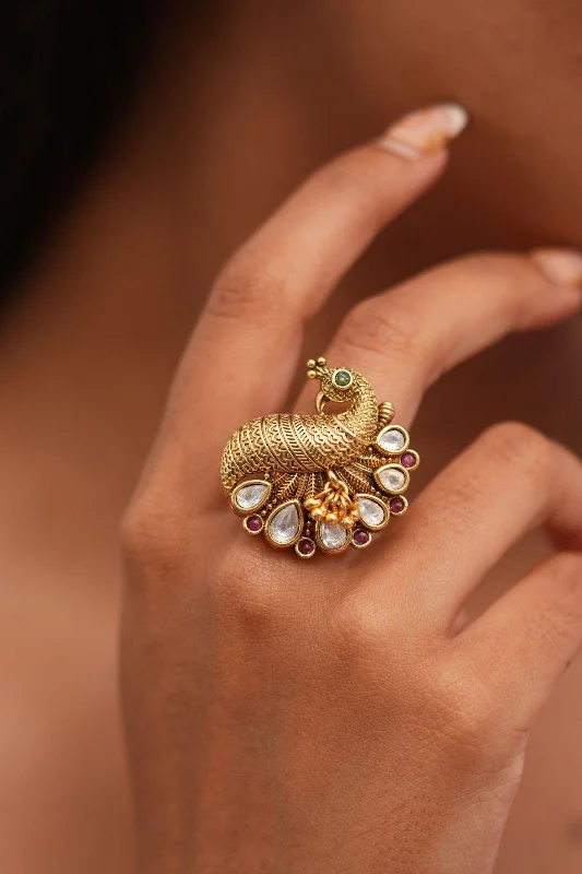 Women’s nature-inspired rings-Ambika Mayur Gold Ring | Sone pe Suhaga Collection