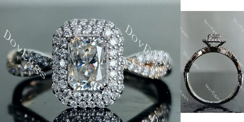 Women’s white gold engagement rings-Doveggs radiant double halo pave moissanite engagement ring