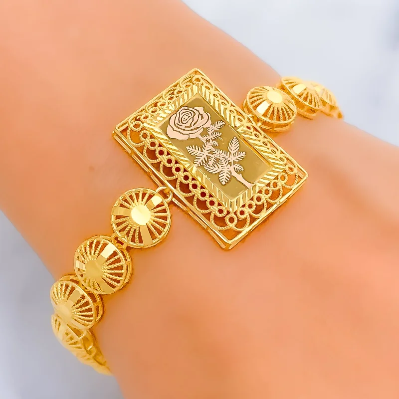 Women’s chic bracelets-Modish Rectangular 21k Gold Flower Bracelet