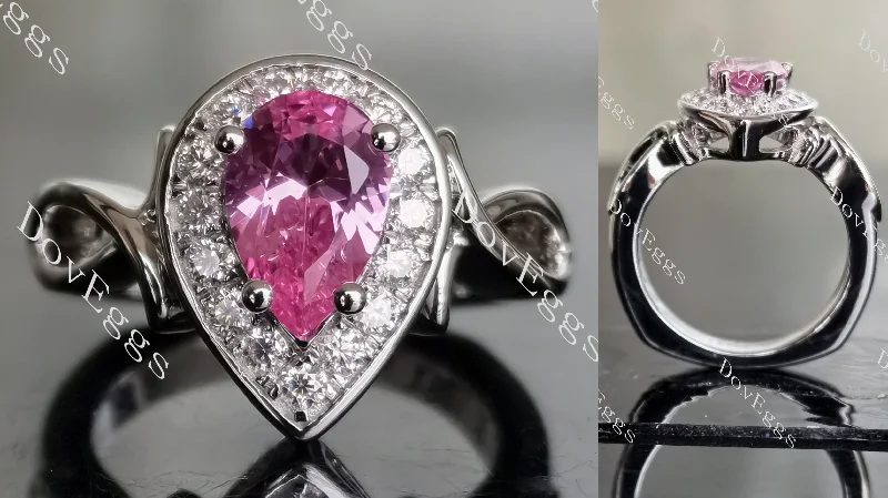 Women’s personalized engagement rings-Doveggs pear ribbon halo pink sapphire colored gem engagement ring