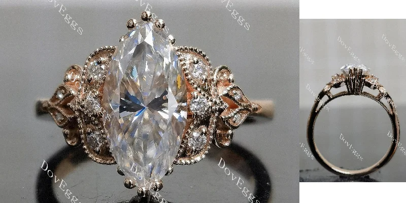 Women’s engagement rings with side stones-Doveggs Marquise Modified H&A cut vintage pave stones moissanite engagement ring