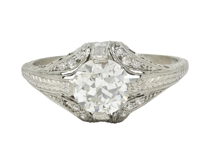 Women’s pear-shaped engagement rings-Art Deco 1.18 CTW Old European Diamond Platinum Antique Scrolling Engagement Ring