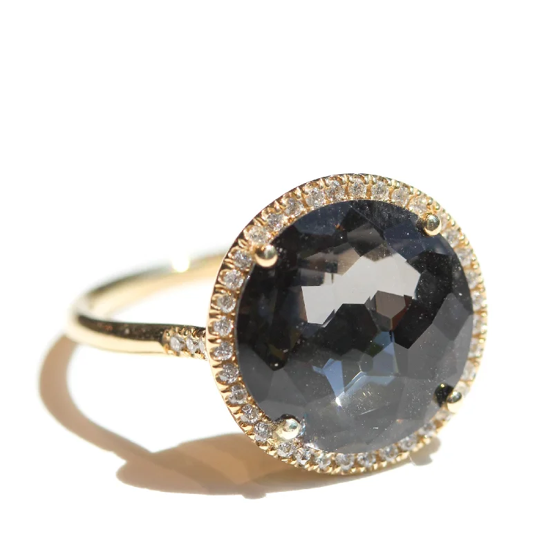 Women’s unique shaped rings-Black Night Topaz Halo Ring