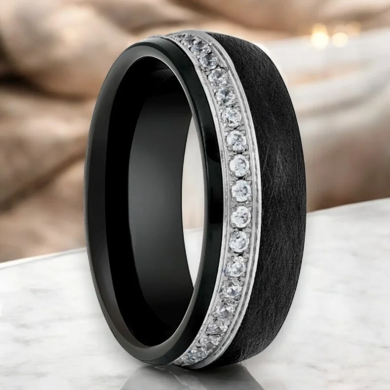 Women’s white gold engagement rings with diamonds-DAZZEL | Black Tungsten Ring, White Diamond Stimulate CZ Eternity