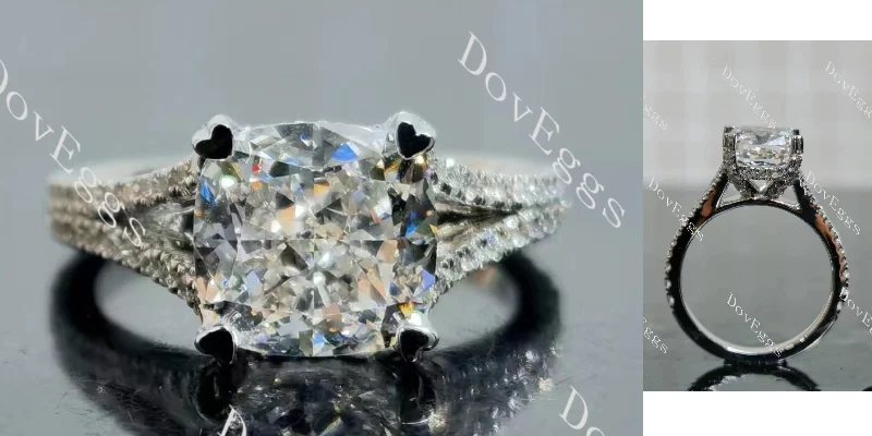 Women’s eco-friendly engagement rings-Doveggs cushion pave split shanks moissanite engagement ring