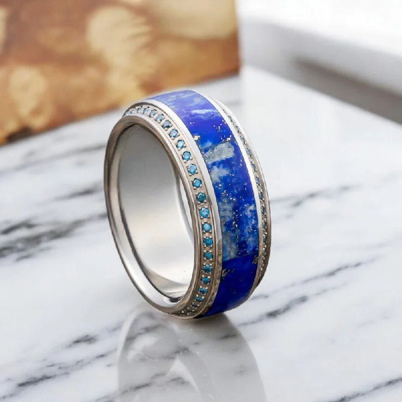 Women’s engagement rings with gemstones-HYDRA | Titanium Ring, Blue Lapis Lazuli Inlay with Blue Diamonds