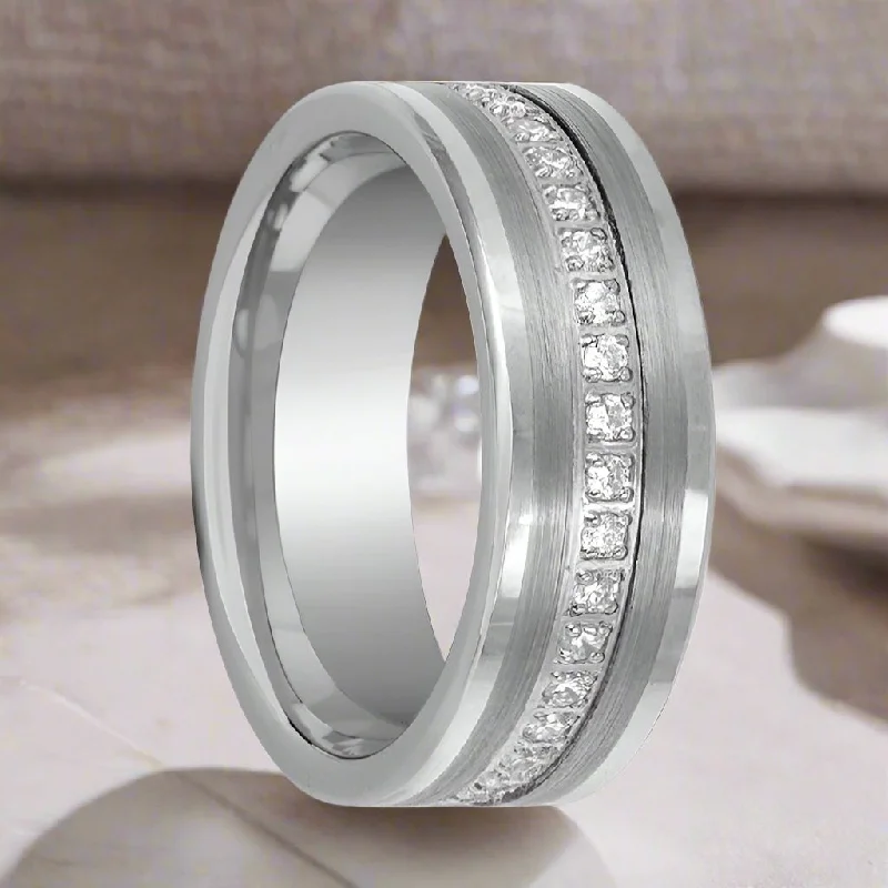 Women’s custom-made engagement rings-CEPHEUS | Silver Tungsten Ring, Diamond Stimulant CZ Eternity, Flat