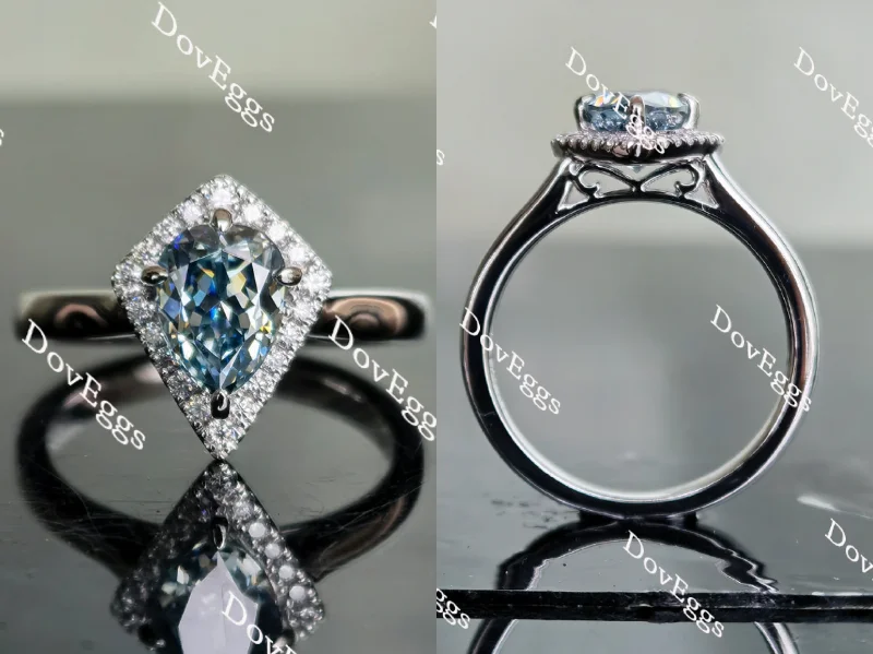 Women’s princess-cut engagement rings-Doveggs smokey spark grey pear halo moissanite engagement ring