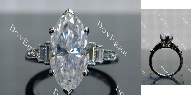 Women’s engagement rings for petite hands-Doveggs Marquise Modified H&A cut pave side stones moissanite engagement ring