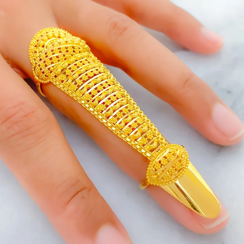 Women’s alternative wedding rings-Dressy Sophisticated Floral 22k Overall Gold Finger Ring