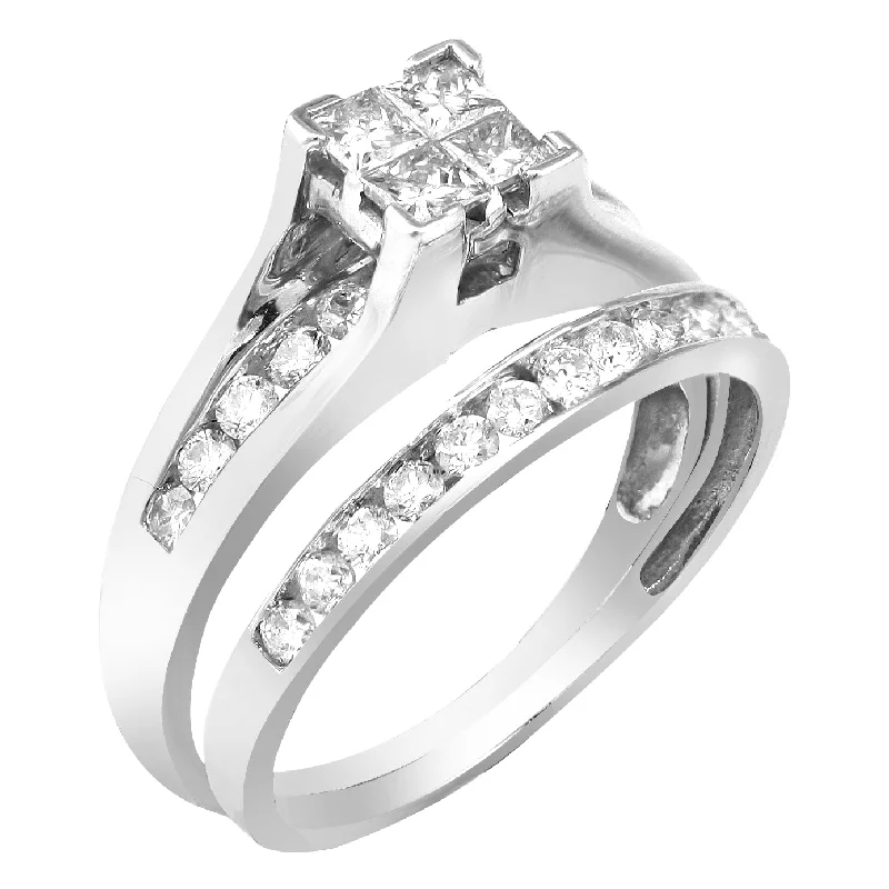 Women’s engagement rings with side stones-14KW 1.00CTW QUAD HEAD BRIDGE RING BRIDAL SET