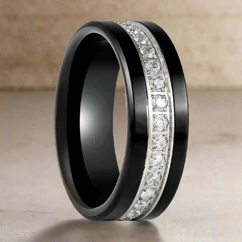 Women’s bridal engagement rings-LEPORIS | Black Tungsten Ring, Diamond Stimulant CZ Eternity, Flat