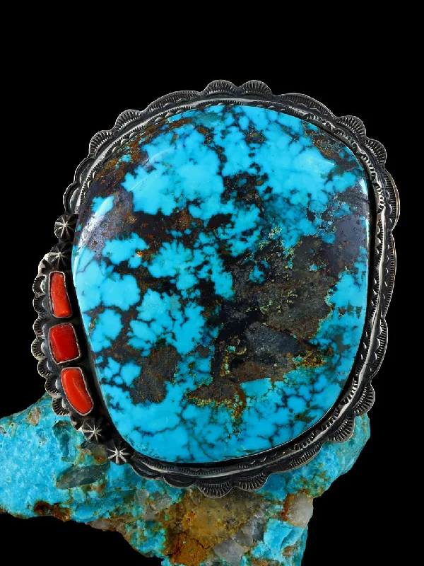 Women’s fashion bangles-Estate Massive Cloud Mountain Turquoise and Coral Sterling Silver Cuff Bracelet