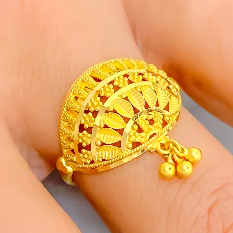 Women’s small delicate rings-Sparkling Leaf 22K Gold Ring