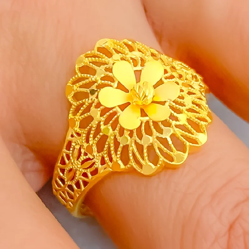 Women’s art deco rings-Gorgeous Glossy 22k Gold Floral Mesh Ring