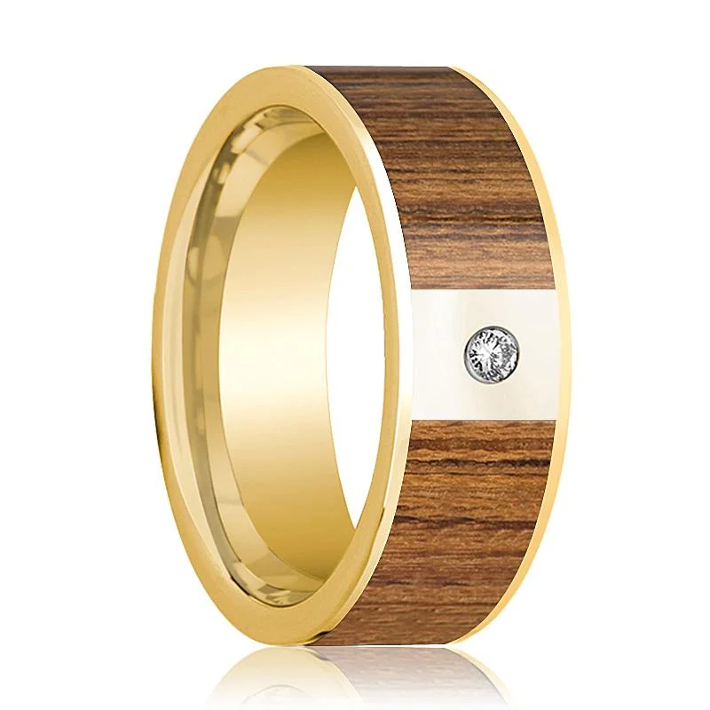 Women’s rose gold engagement rings-White Diamond & 14k Gold Wedding Band for Men with Teak Wood Inlay - 8MM