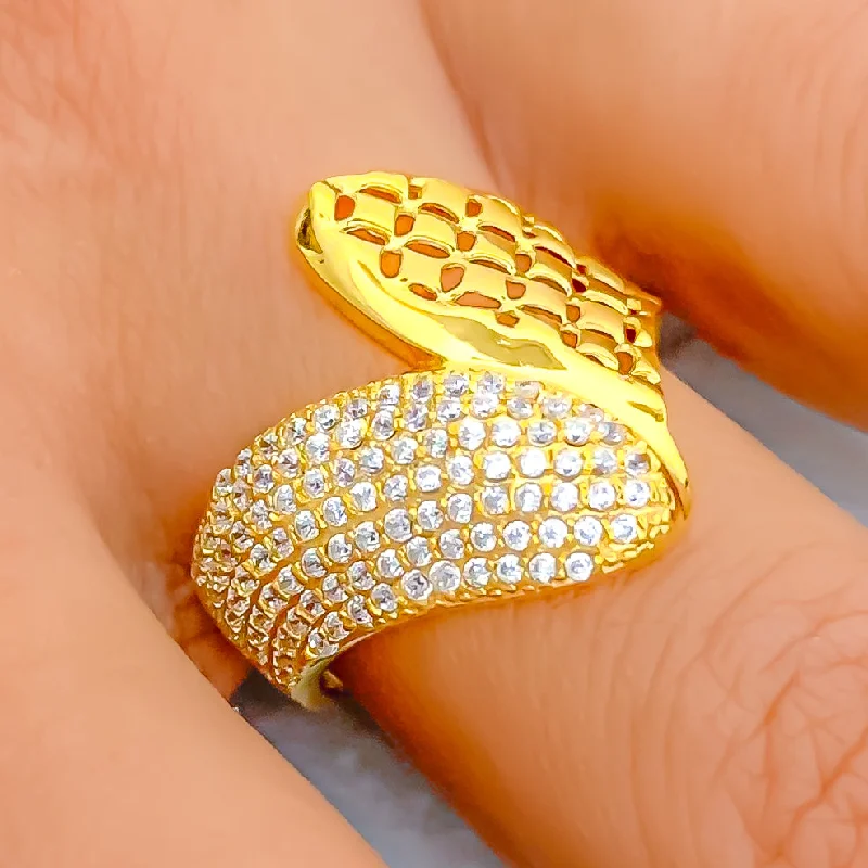 Women’s vintage engagement rings-Extravagant Checkered 22k Gold Overlapping CZ Ring