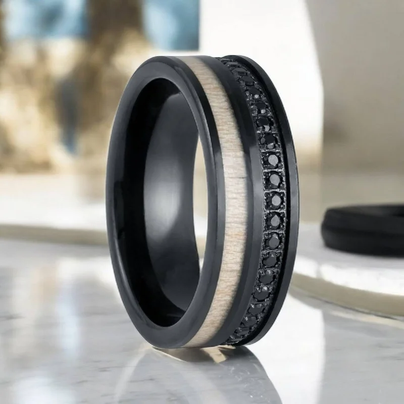 Women’s vintage engagement rings-NIGHTMERE | Black Tungsten Ring, Black Diamond Stimulated CZ, White Wood Inlay